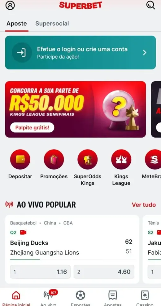 Interface do aplicativo móvel da Superbet no Brasil com apostas ao vivo